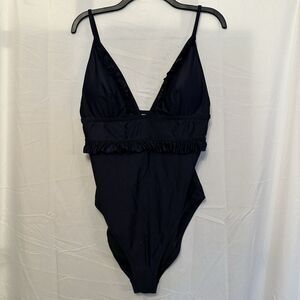 J. Crew Ruffle One-Piece Swimsuit Bathing Suit Navy Blue Removable Pads Size 12‎